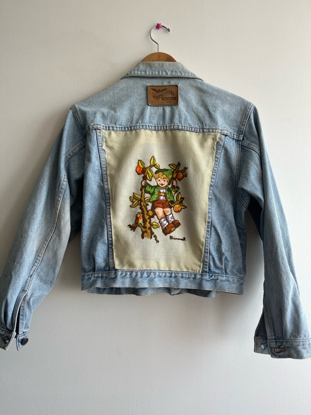 Vintage Embroidered Patch Upcycled Denim Jacket Size Small Oversized